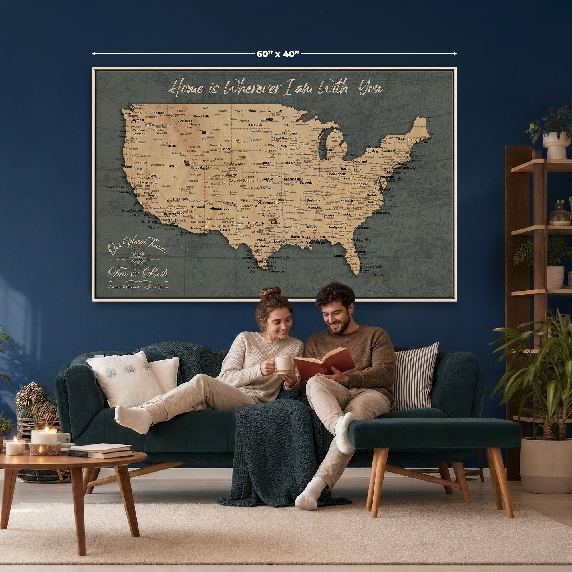 41270900-MGV-CV-36X24 - Custom Push Pin US Map Canvas | Personalized Travel Tracker | USA Cities Map Anniversary Gift for Couples | Adventure America Map Wall Art with Pins