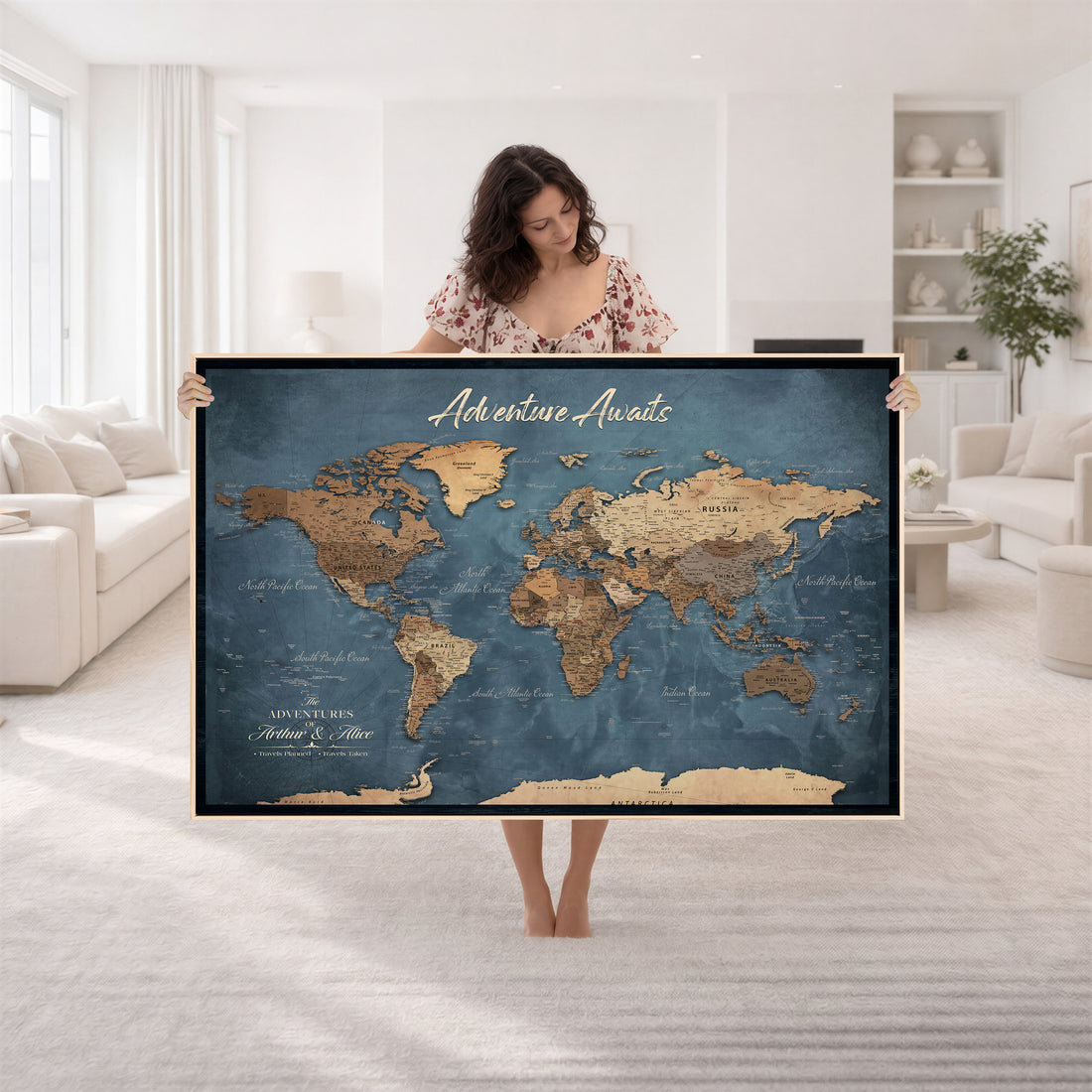 Custom Push Pin World Map Canvas | Personalized Travel Tracker | Couples Gift