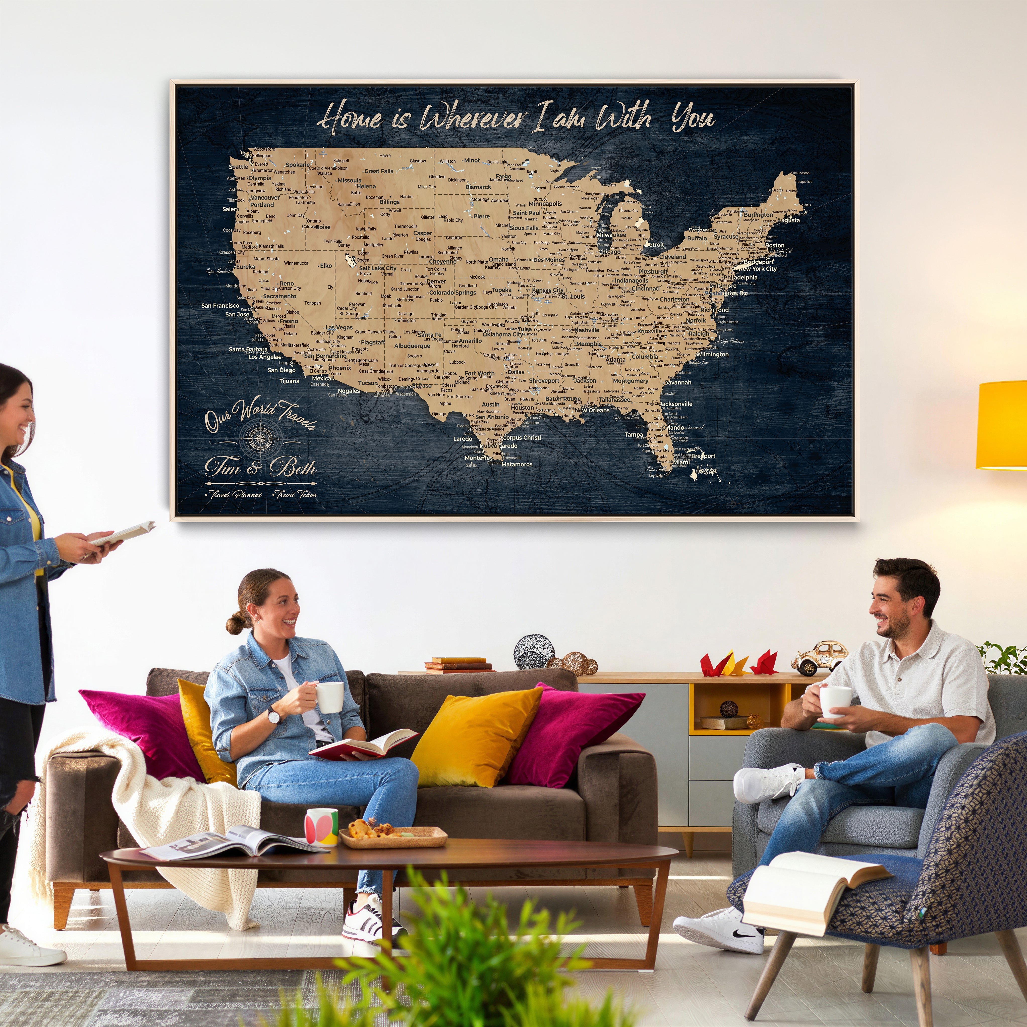 48467834-MGV-CV-36X24 - Custom Push Pin US Map Canvas | Personalized Travel Tracker | USA Cities Map Anniversary Gift for Couples | Adventure America Map Wall Art with Pins