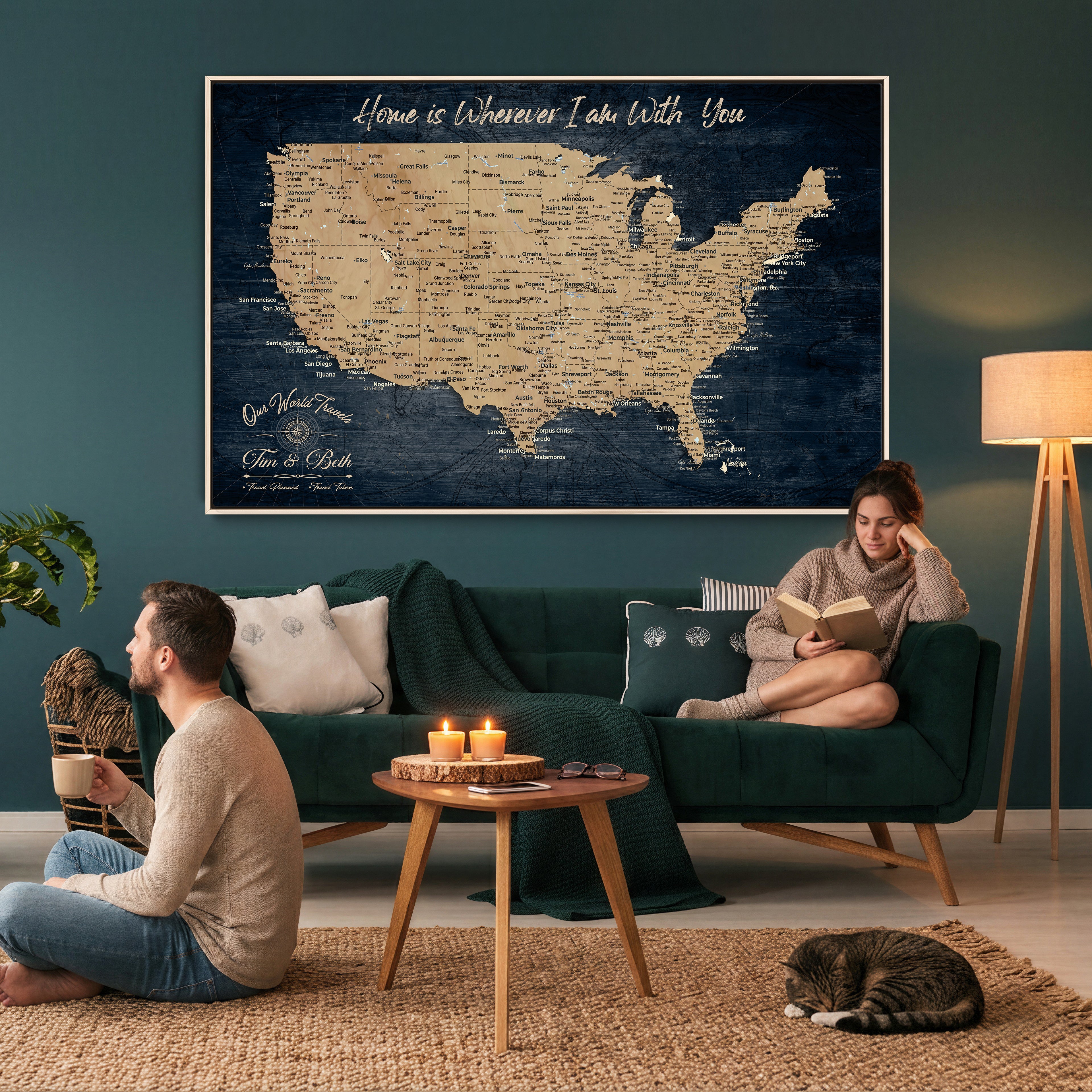 48467834-MGV-CV-36X24 - Custom Push Pin US Map Canvas | Personalized Travel Tracker | USA Cities Map Anniversary Gift for Couples | Adventure America Map Wall Art with Pins