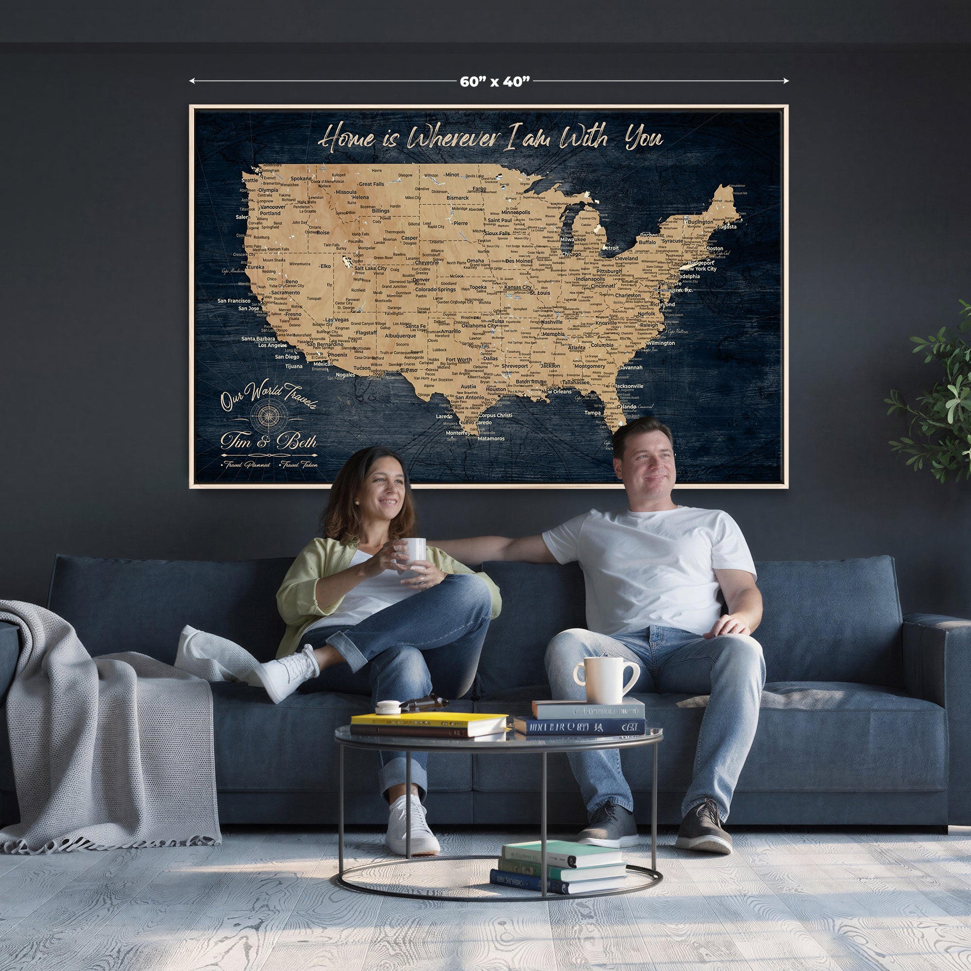 48467834-MGV-CV-36X24 - Custom Push Pin US Map Canvas | Personalized Travel Tracker | USA Cities Map Anniversary Gift for Couples | Adventure America Map Wall Art with Pins