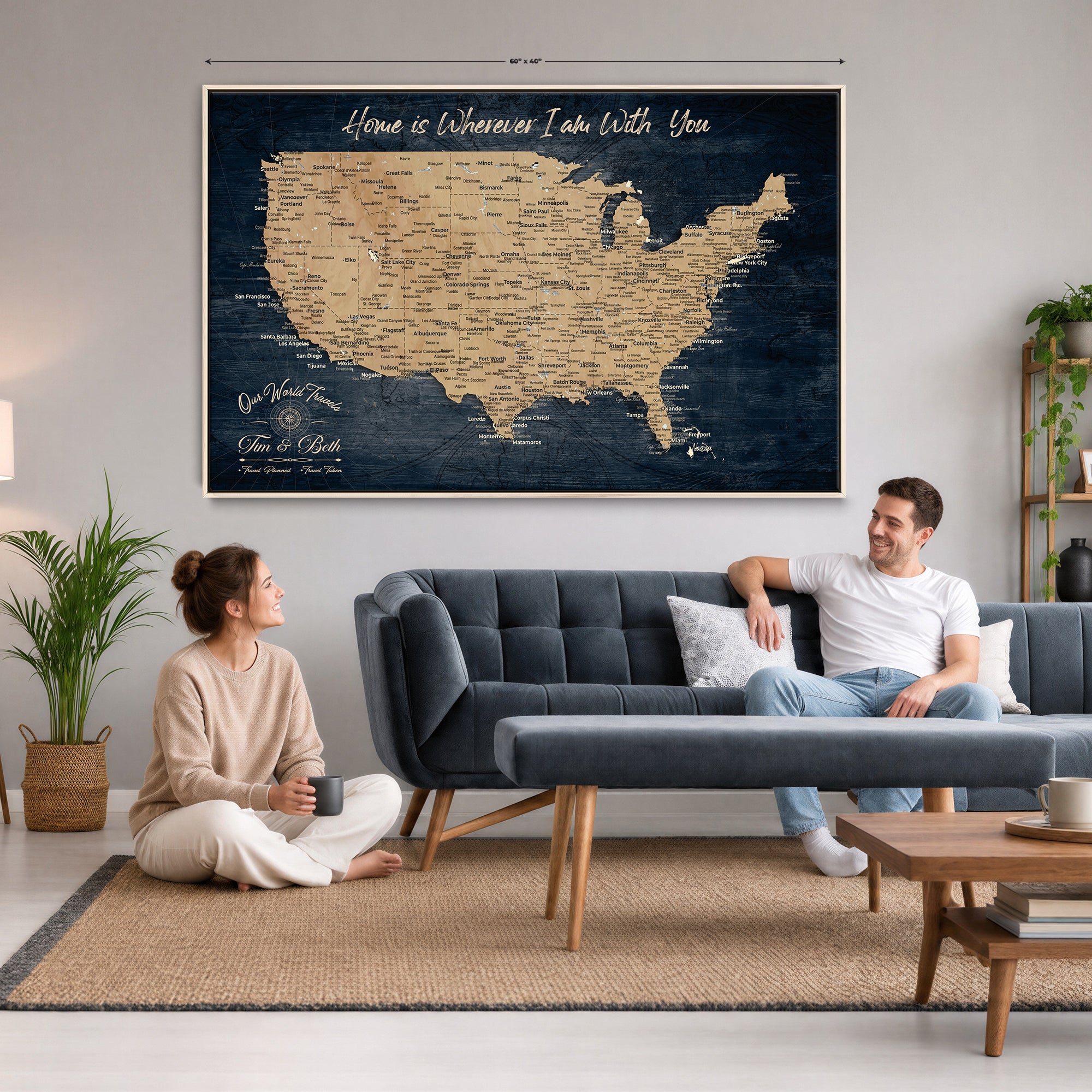 48467834-MGV-CV-36X24 - Custom Push Pin US Map Canvas | Personalized Travel Tracker | USA Cities Map Anniversary Gift for Couples | Adventure America Map Wall Art with Pins
