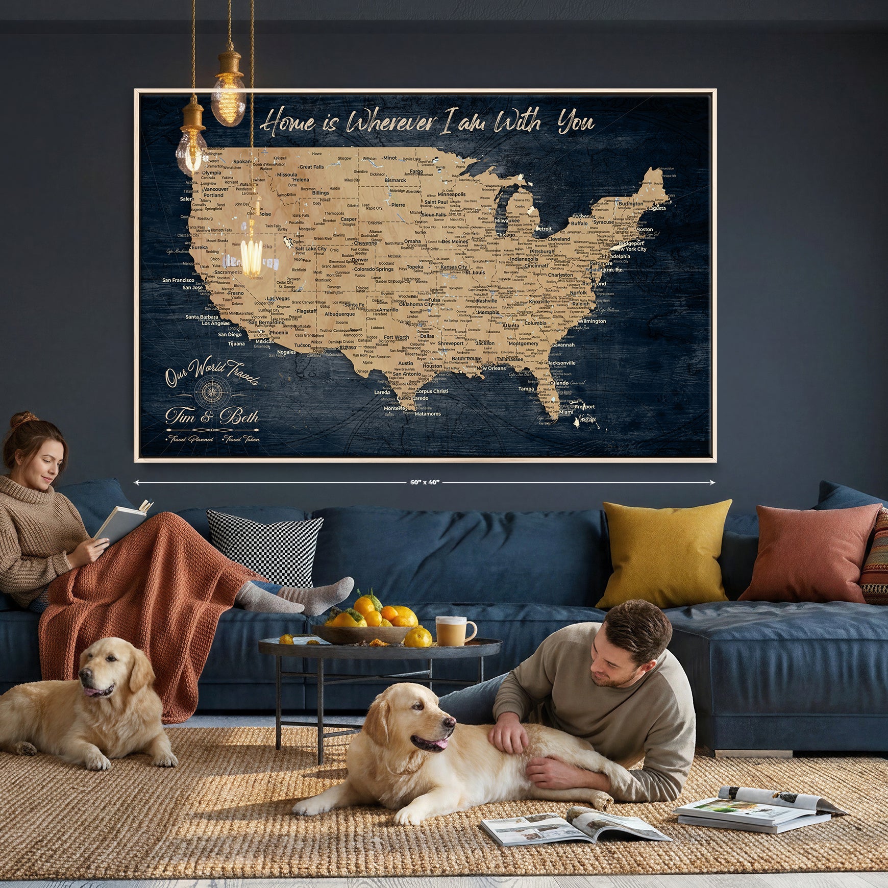 48467834-MGV-CV-36X24 - Custom Push Pin US Map Canvas | Personalized Travel Tracker | USA Cities Map Anniversary Gift for Couples | Adventure America Map Wall Art with Pins