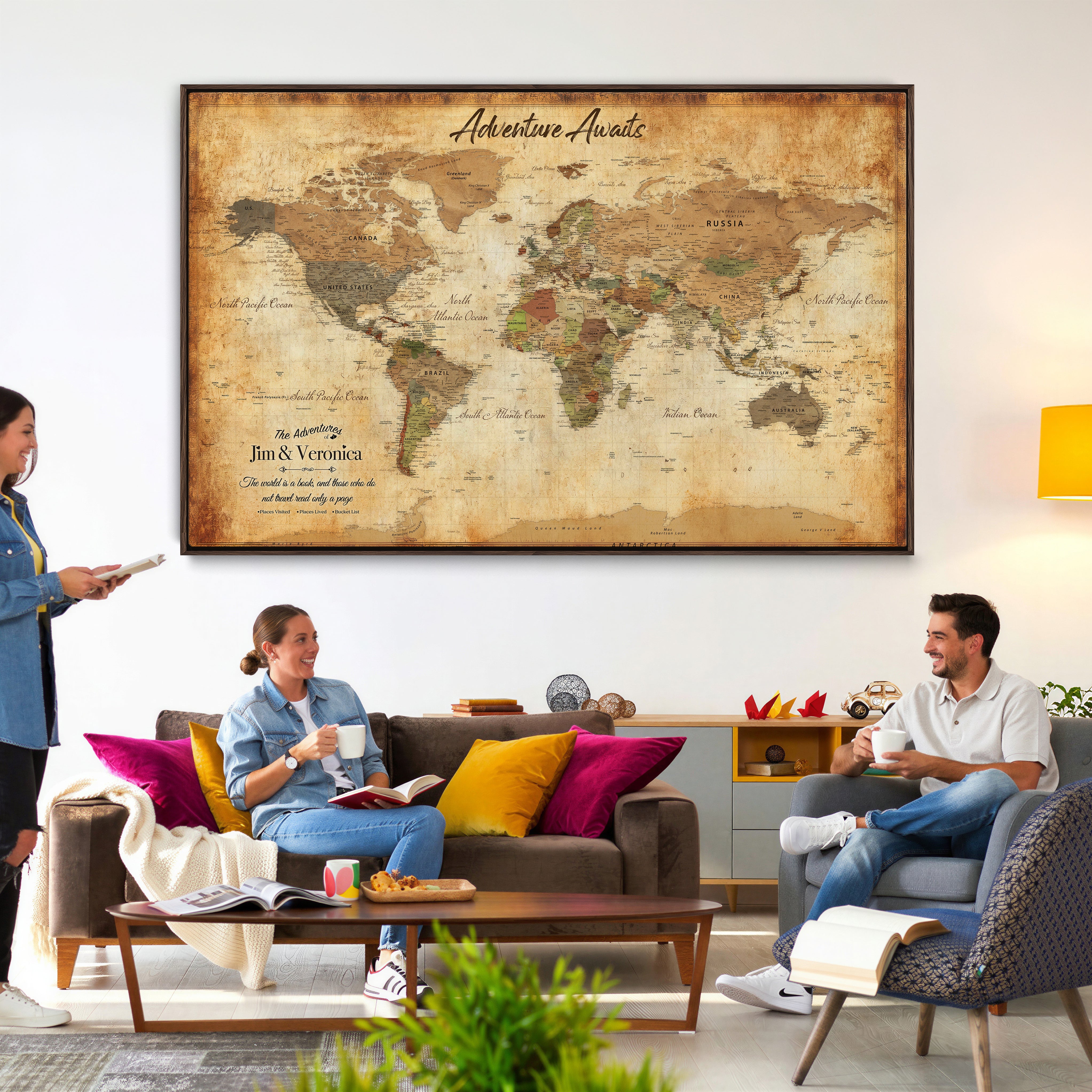 14637271H1-MGV-CV-36X24 - Custom Push Pin World Map Canvas | Personalized Travel Tracker | Wedding Anniversary Gift for Couples | Adventure Map Wall Art with Pins