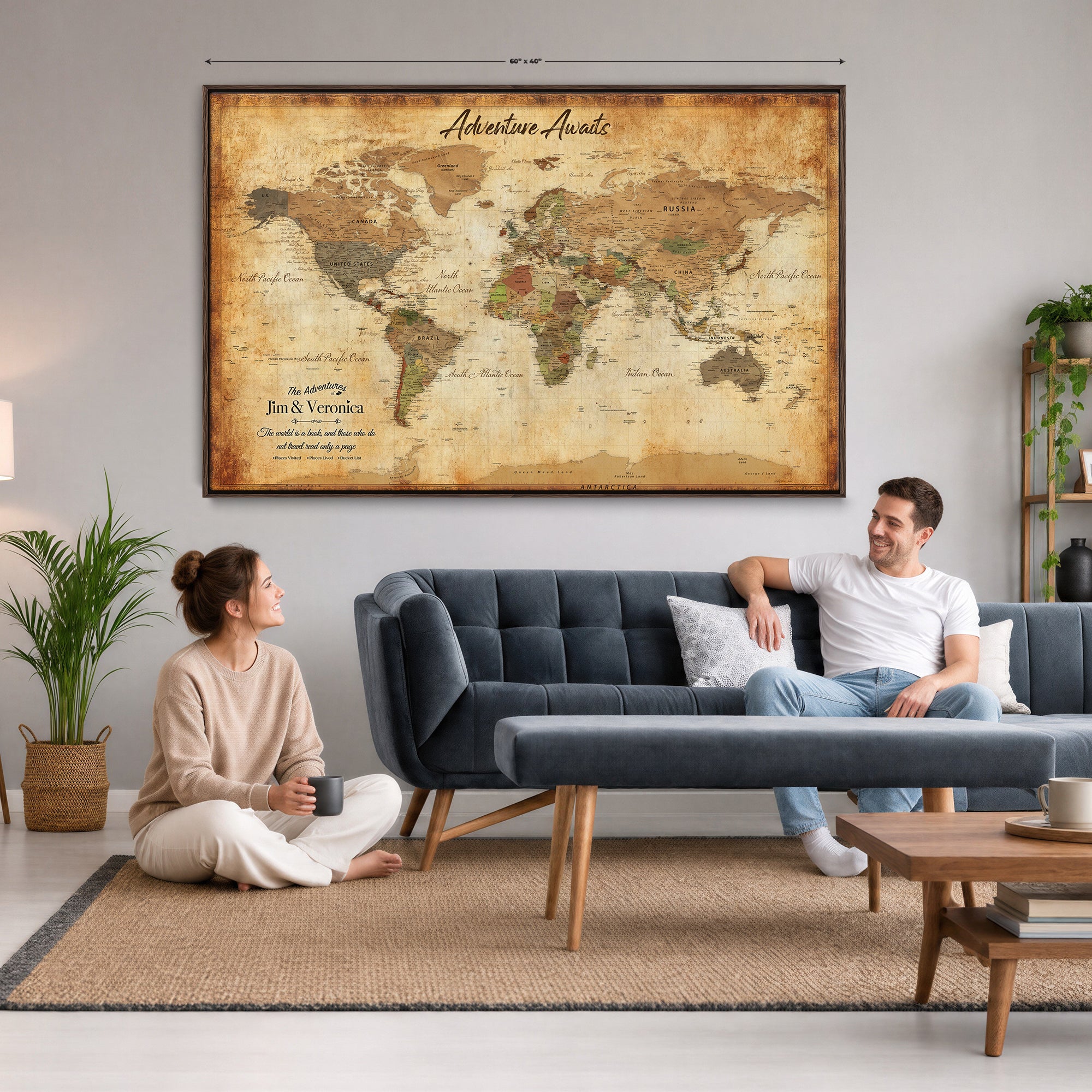 14637271H1-MGV-CV-36X24 - Custom Push Pin World Map Canvas | Personalized Travel Tracker | Wedding Anniversary Gift for Couples | Adventure Map Wall Art with Pins