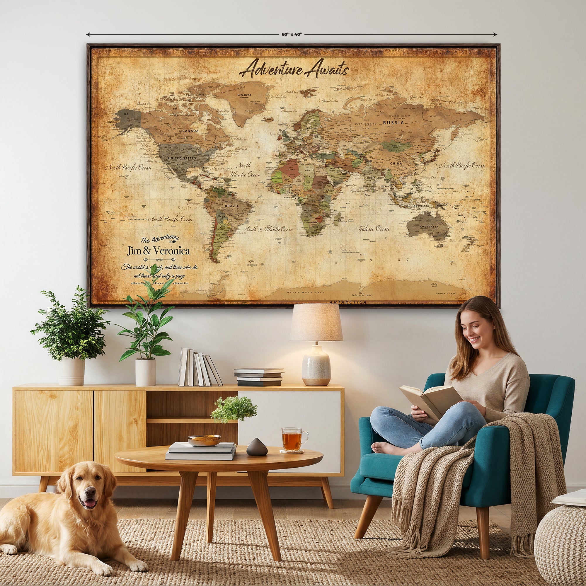 14637271H1-MGV-CV-36X24 - Custom Push Pin World Map Canvas | Personalized Travel Tracker | Wedding Anniversary Gift for Couples | Adventure Map Wall Art with Pins