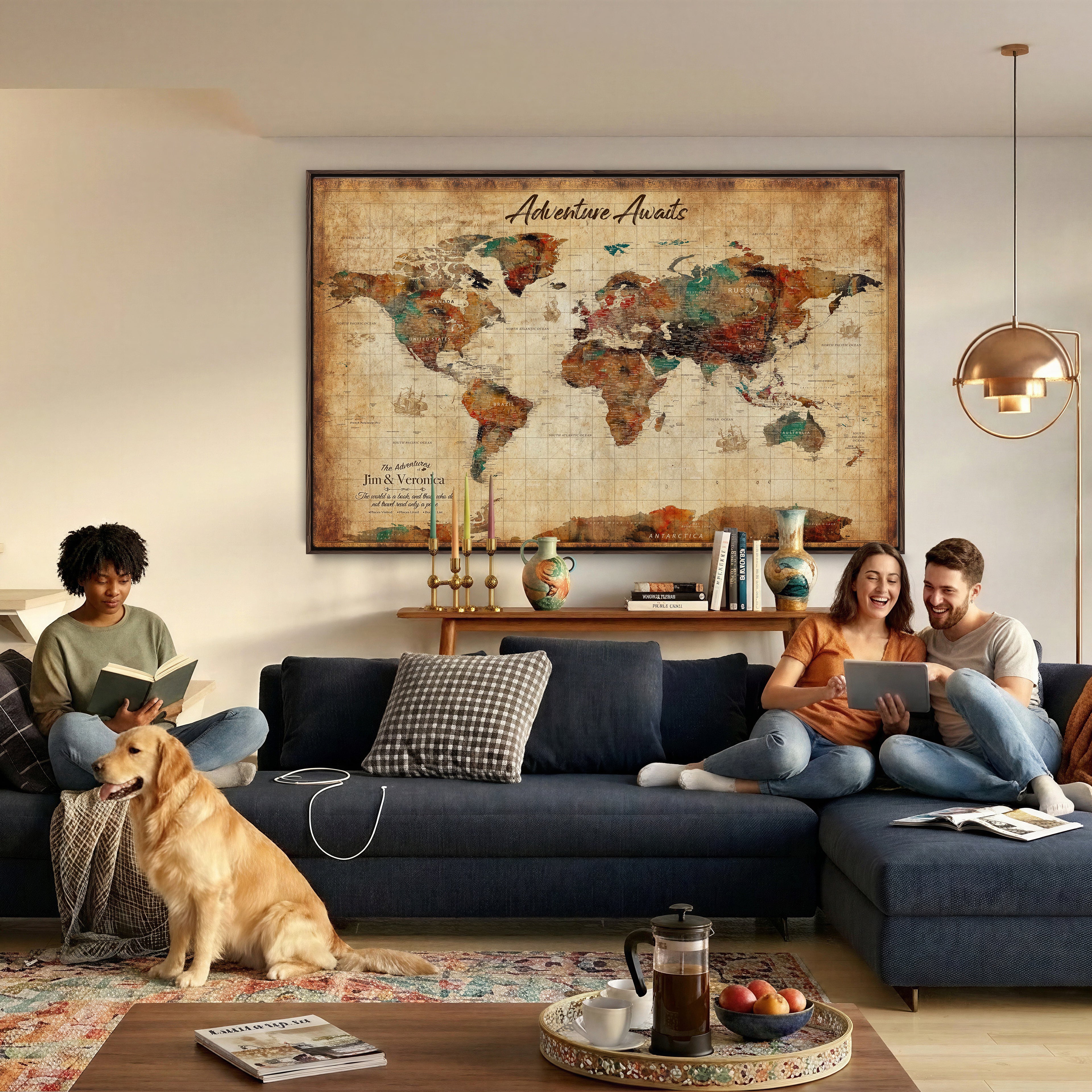 14637271HS-MGV-CV-36X24 - Custom Push Pin World Map Canvas | Personalized Travel Tracker | Wedding Anniversary Gift for Couples | Adventure Map Wall Art with Pins