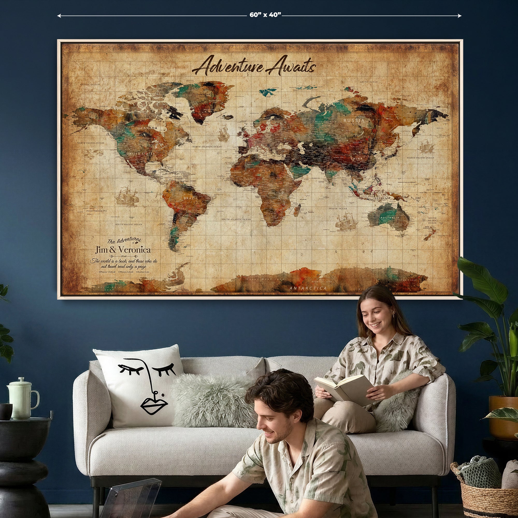 14637271HS-MGV-CV-36X24 - Custom Push Pin World Map Canvas | Personalized Travel Tracker | Wedding Anniversary Gift for Couples | Adventure Map Wall Art with Pins