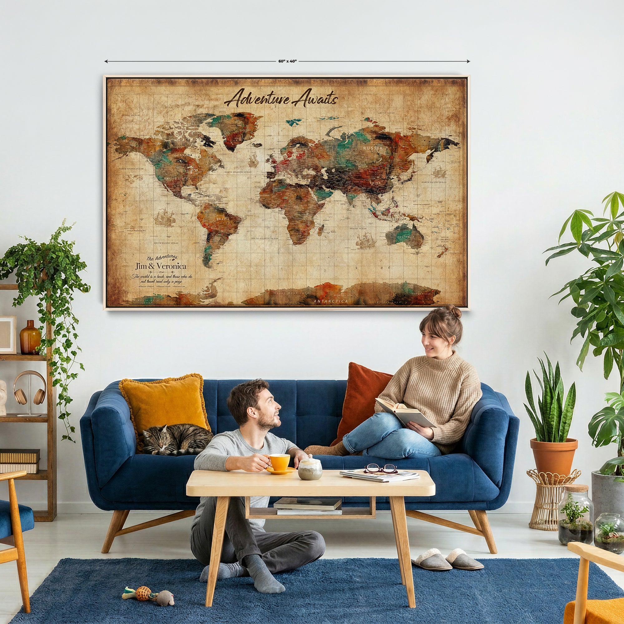 14637271HS-MGV-CV-36X24 - Custom Push Pin World Map Canvas | Personalized Travel Tracker | Wedding Anniversary Gift for Couples | Adventure Map Wall Art with Pins