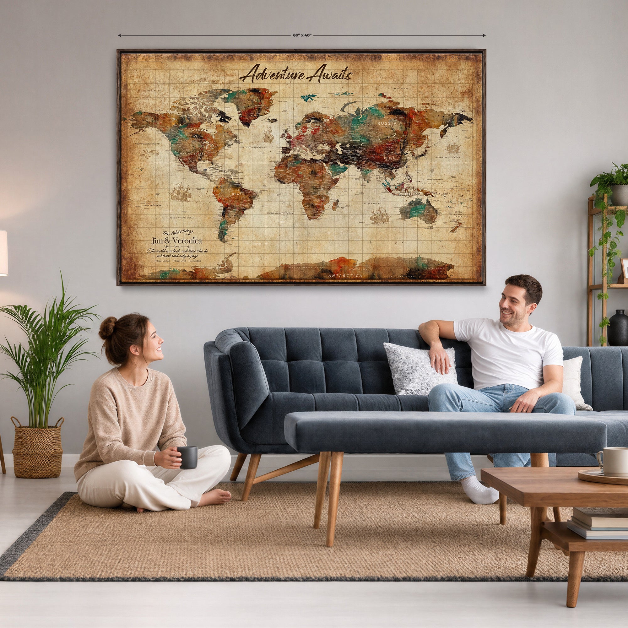 14637271HS-MGV-CV-36X24 - Custom Push Pin World Map Canvas | Personalized Travel Tracker | Wedding Anniversary Gift for Couples | Adventure Map Wall Art with Pins