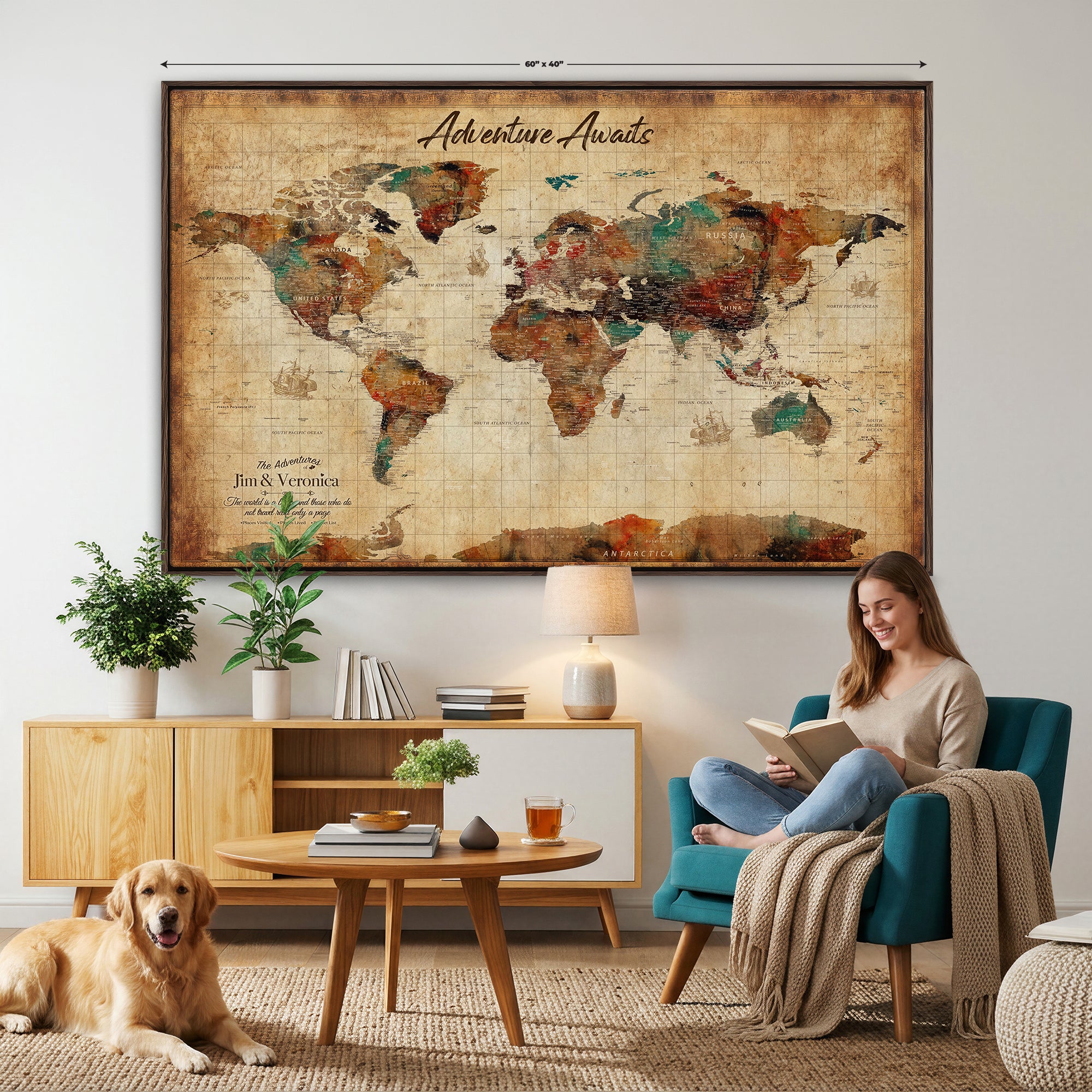 14637271HS-MGV-CV-36X24 - Custom Push Pin World Map Canvas | Personalized Travel Tracker | Wedding Anniversary Gift for Couples | Adventure Map Wall Art with Pins