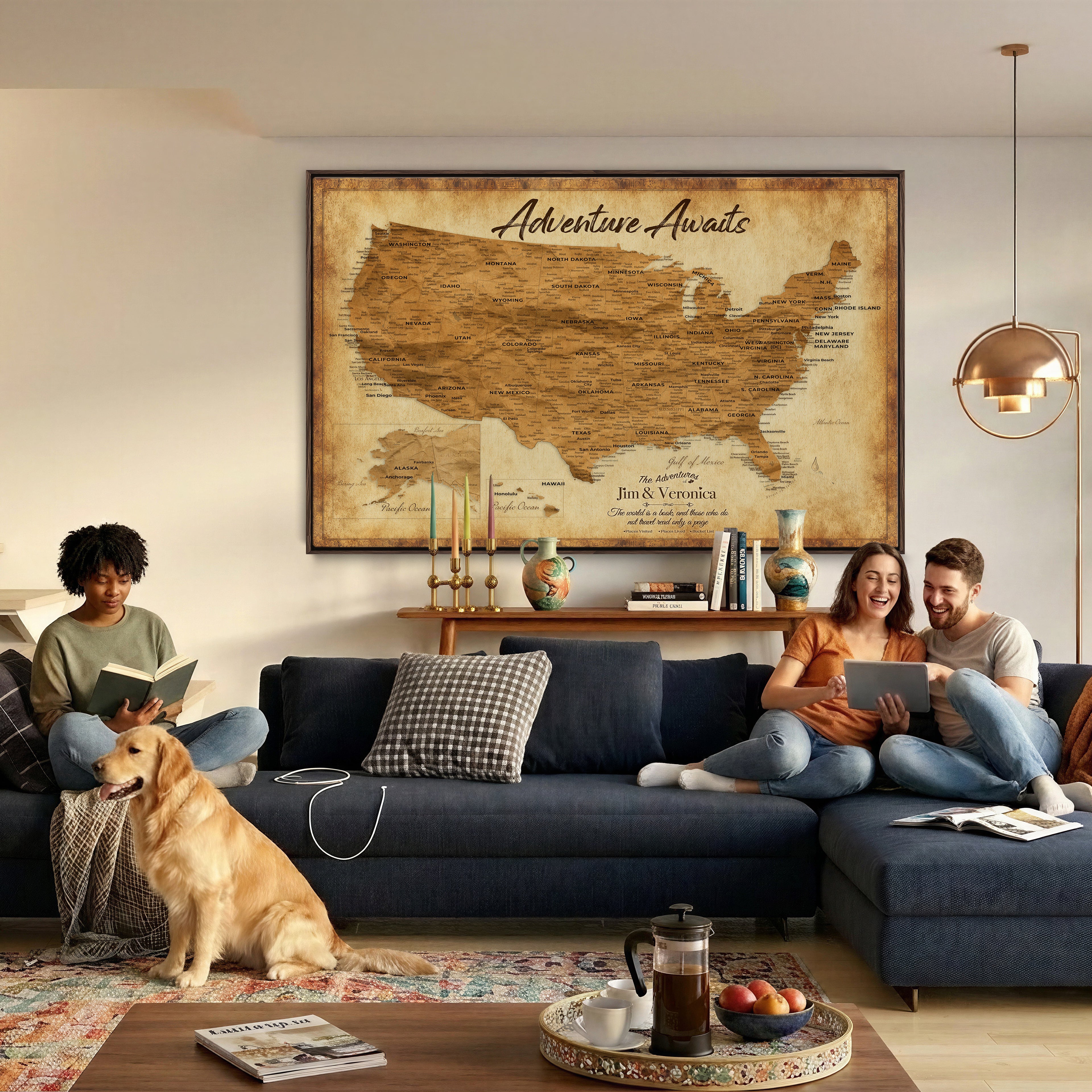 41270900KR-MGV-CV-36X24 - Custom Push Pin US Map Canvas | Personalized Travel Tracker | USA Cities Map Anniversary Gift for Couples | Adventure America Map Wall Art with Pins