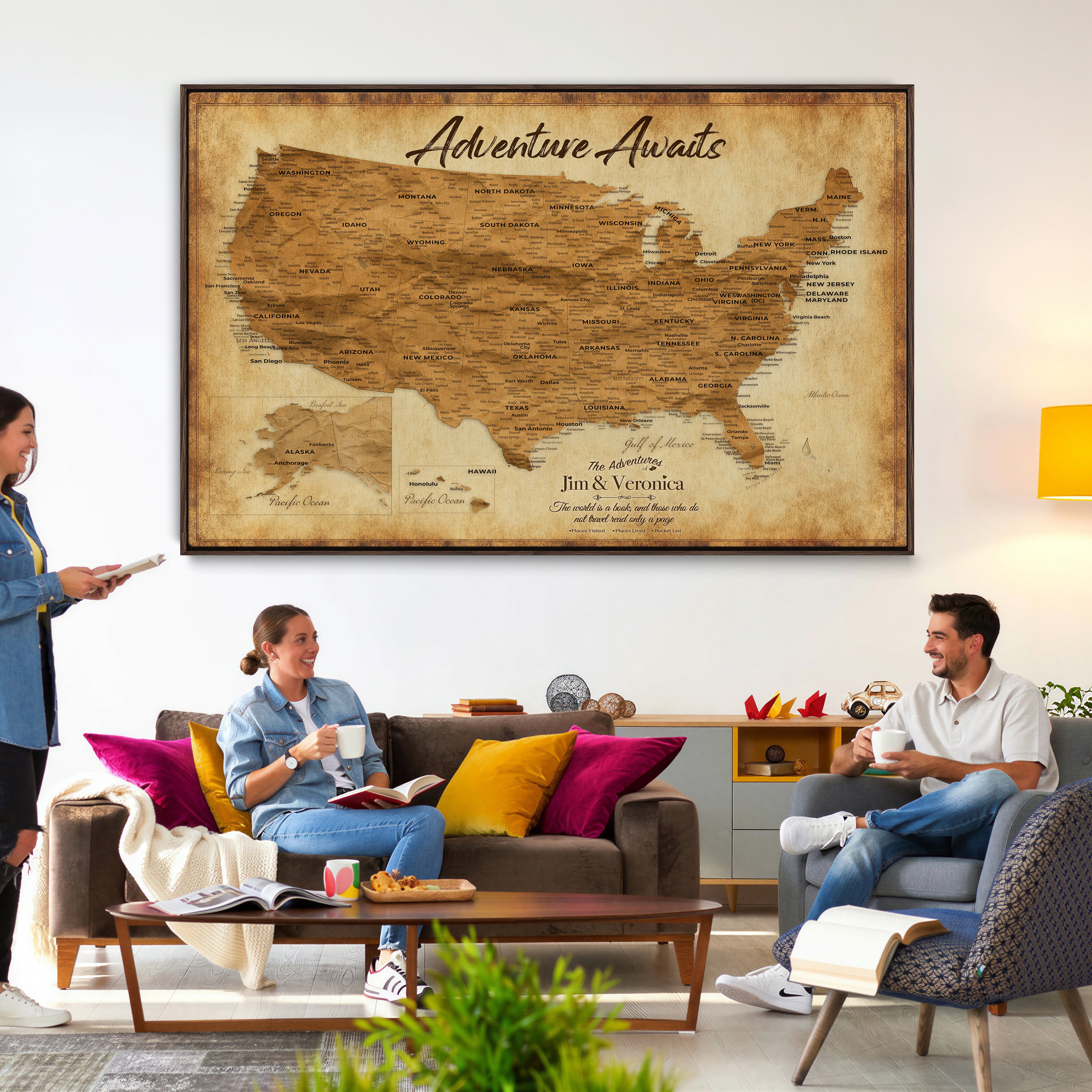 41270900KR-MGV-CV-36X24 - Custom Push Pin US Map Canvas | Personalized Travel Tracker | USA Cities Map Anniversary Gift for Couples | Adventure America Map Wall Art with Pins