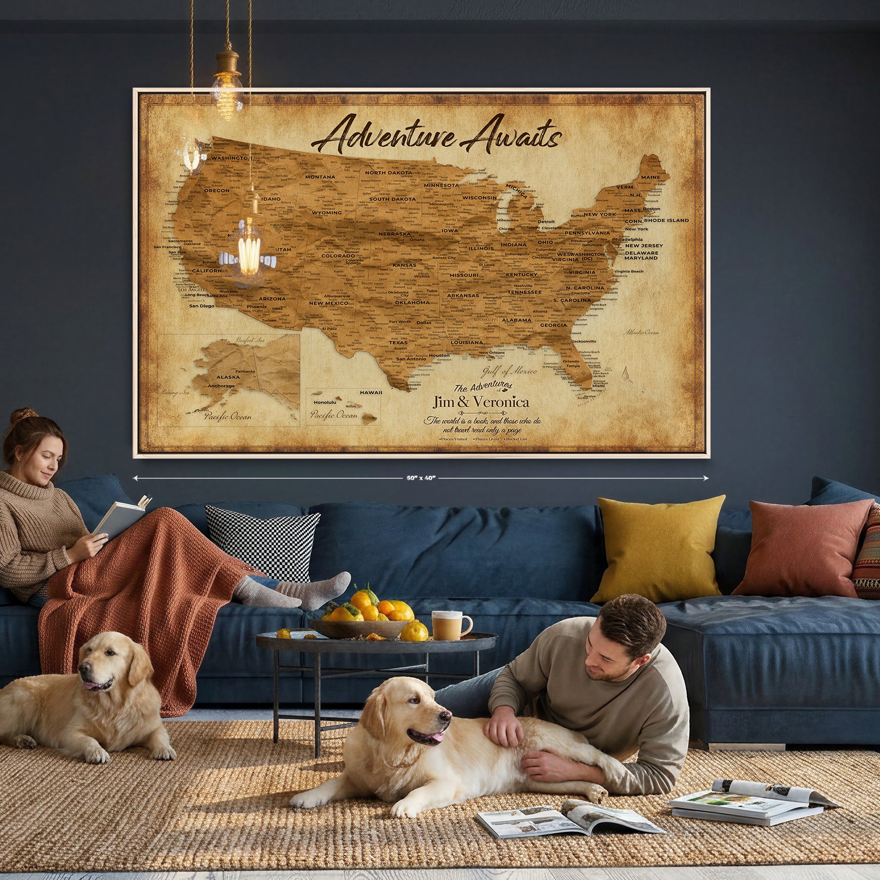 41270900KR-MGV-CV-36X24 - Custom Push Pin US Map Canvas | Personalized Travel Tracker | USA Cities Map Anniversary Gift for Couples | Adventure America Map Wall Art with Pins