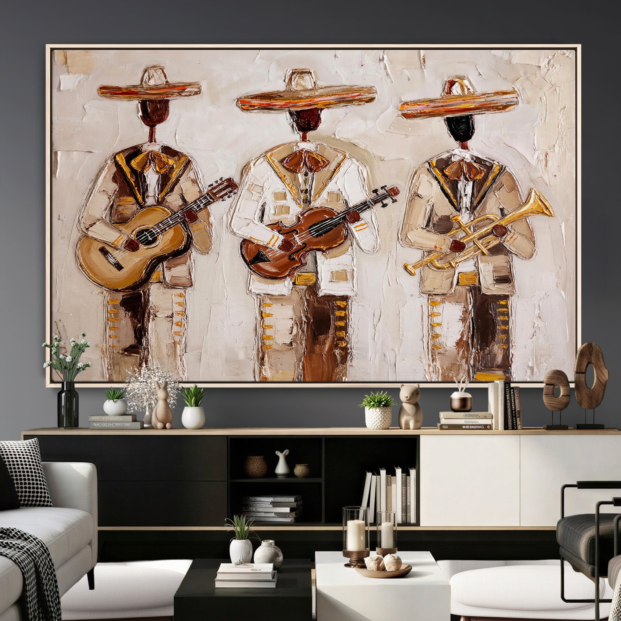 94602487-MGV-CV-36X24 - Mariachi Band Canvas Wall Art, Mexican Music Guitar Violin Trumpet Painting, Neutral Impasto Folk Art, Southwestern Boho Living Room Decor