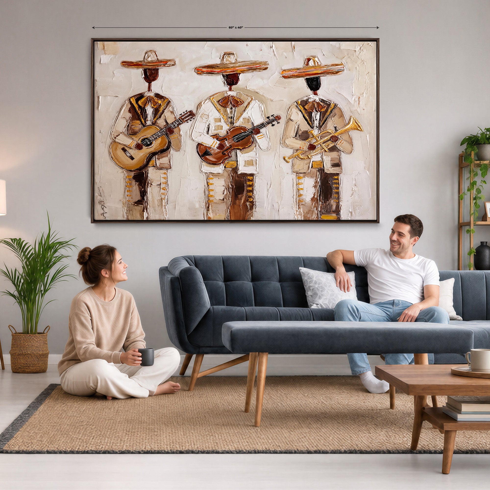 94602487-MGV-CV-36X24 - Mariachi Band Canvas Wall Art, Mexican Music Guitar Violin Trumpet Painting, Neutral Impasto Folk Art, Southwestern Boho Living Room Decor
