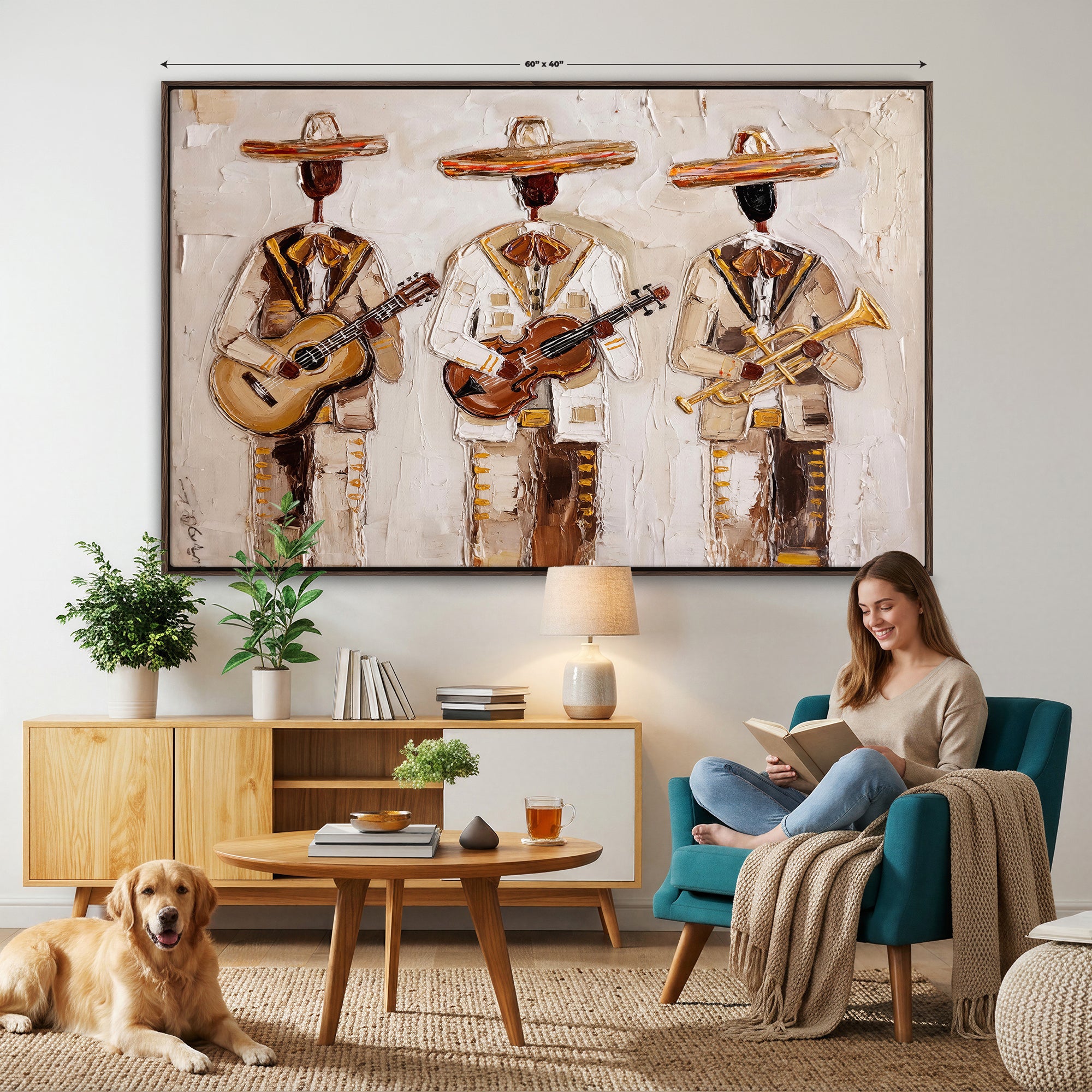 94602487-MGV-CV-36X24 - Mariachi Band Canvas Wall Art, Mexican Music Guitar Violin Trumpet Painting, Neutral Impasto Folk Art, Southwestern Boho Living Room Decor