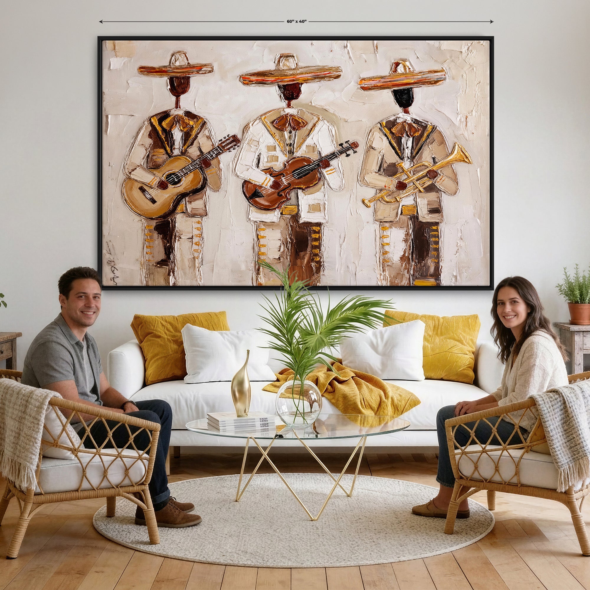94602487-MGV-CV-36X24 - Mariachi Band Canvas Wall Art, Mexican Music Guitar Violin Trumpet Painting, Neutral Impasto Folk Art, Southwestern Boho Living Room Decor
