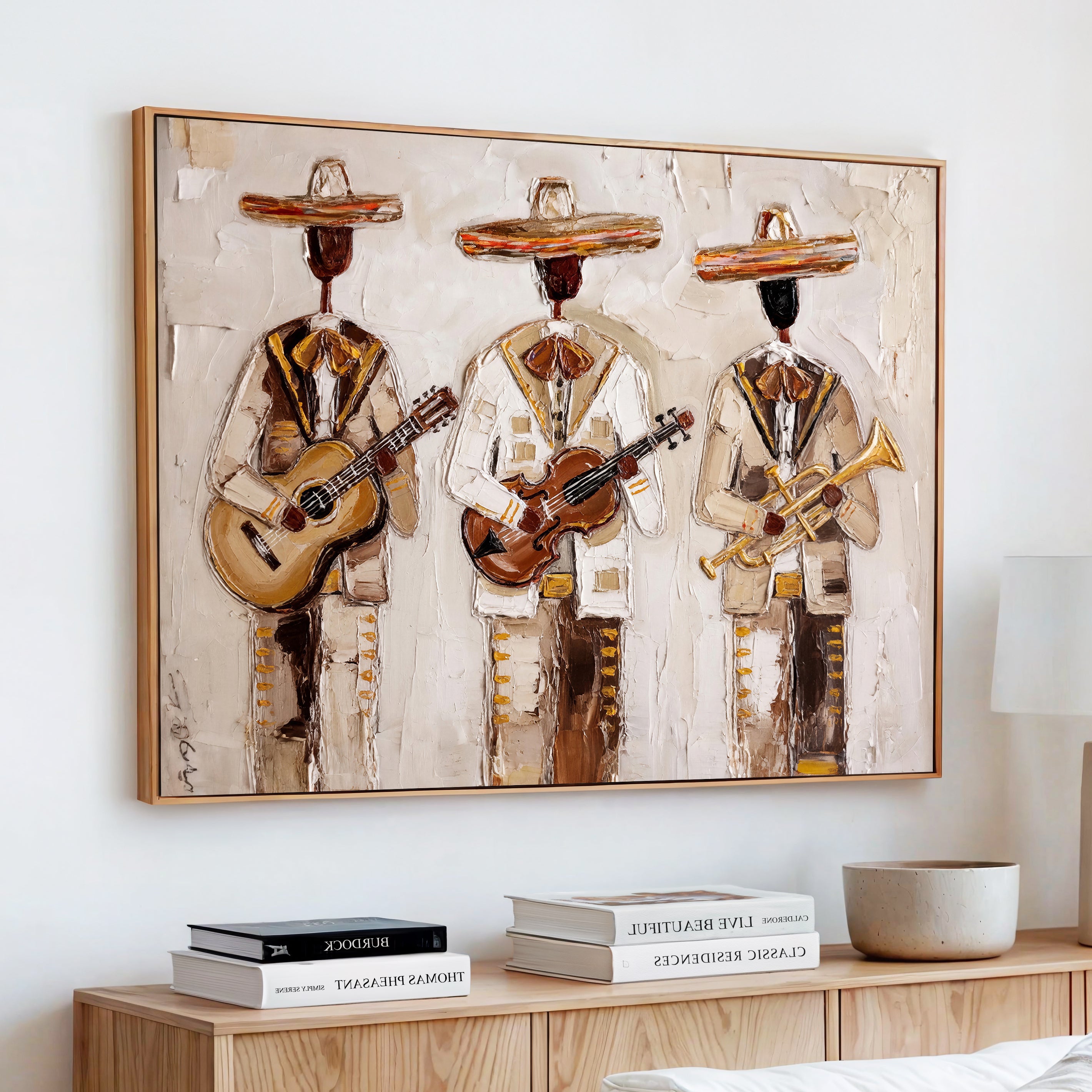 94602487-MGV-CV-36X24 - Mariachi Band Canvas Wall Art, Mexican Music Guitar Violin Trumpet Painting, Neutral Impasto Folk Art, Southwestern Boho Living Room Decor