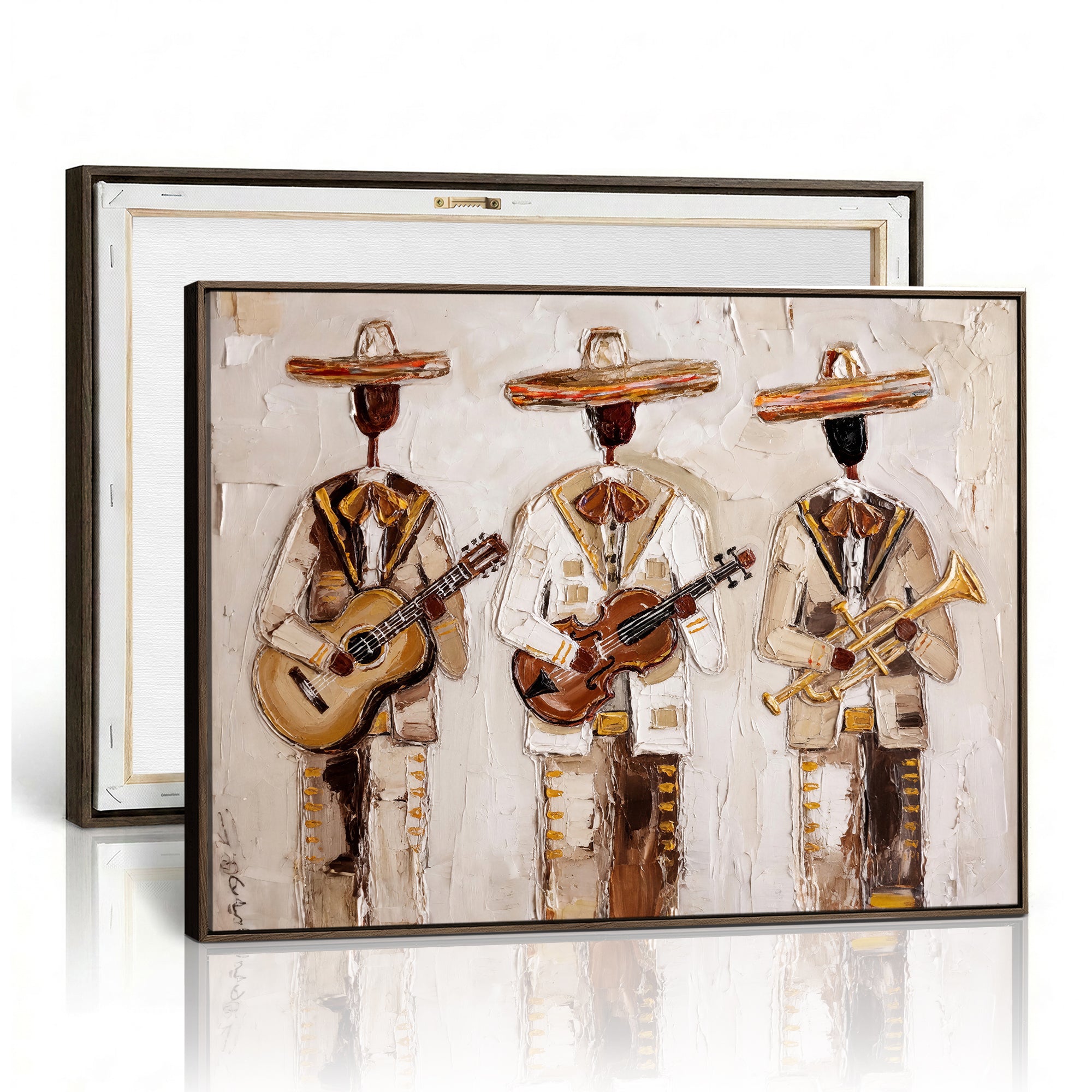 94602487-MGV-CV-36X24 - Mariachi Band Canvas Wall Art, Mexican Music Guitar Violin Trumpet Painting, Neutral Impasto Folk Art, Southwestern Boho Living Room Decor