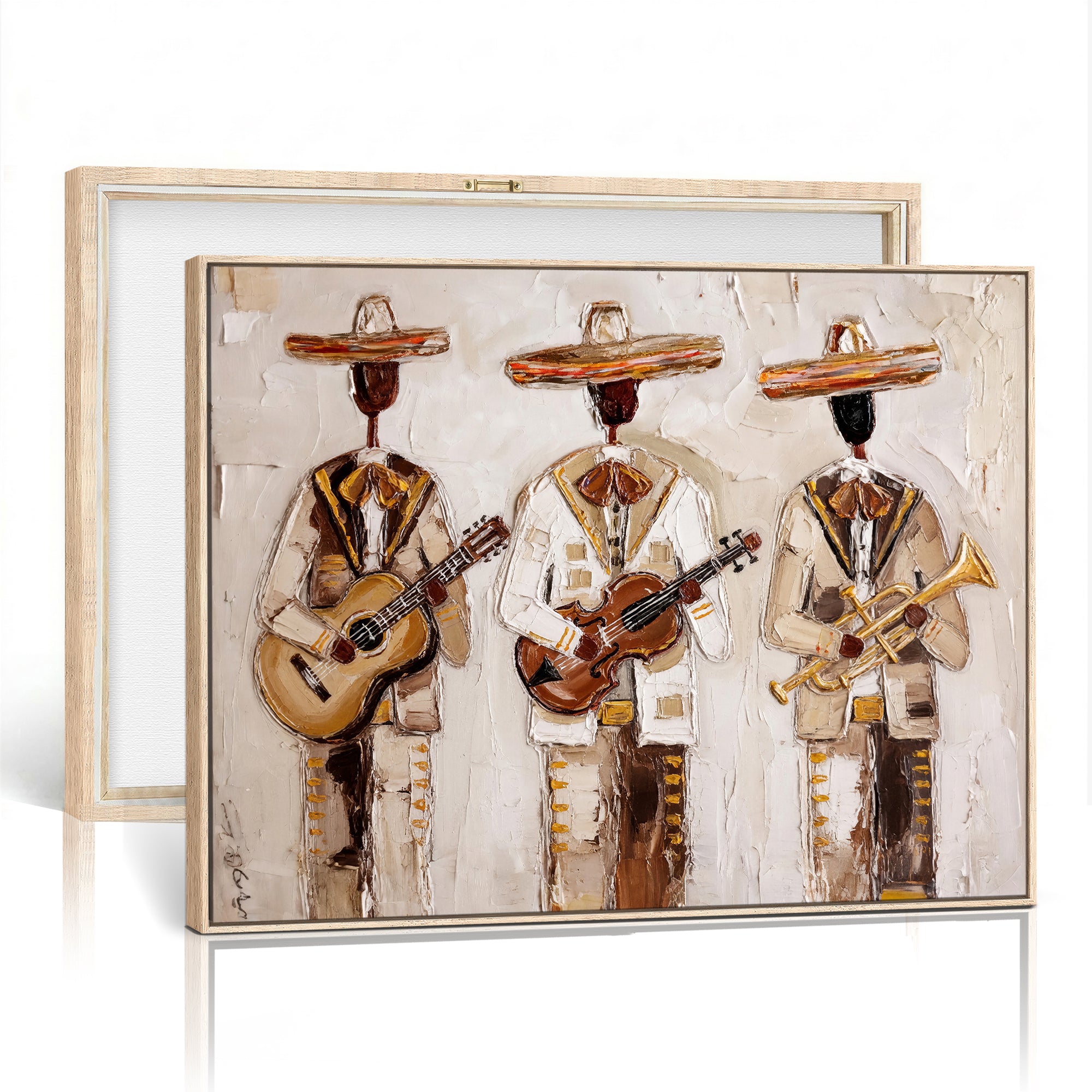 94602487-MGV-CV-36X24 - Mariachi Band Canvas Wall Art, Mexican Music Guitar Violin Trumpet Painting, Neutral Impasto Folk Art, Southwestern Boho Living Room Decor