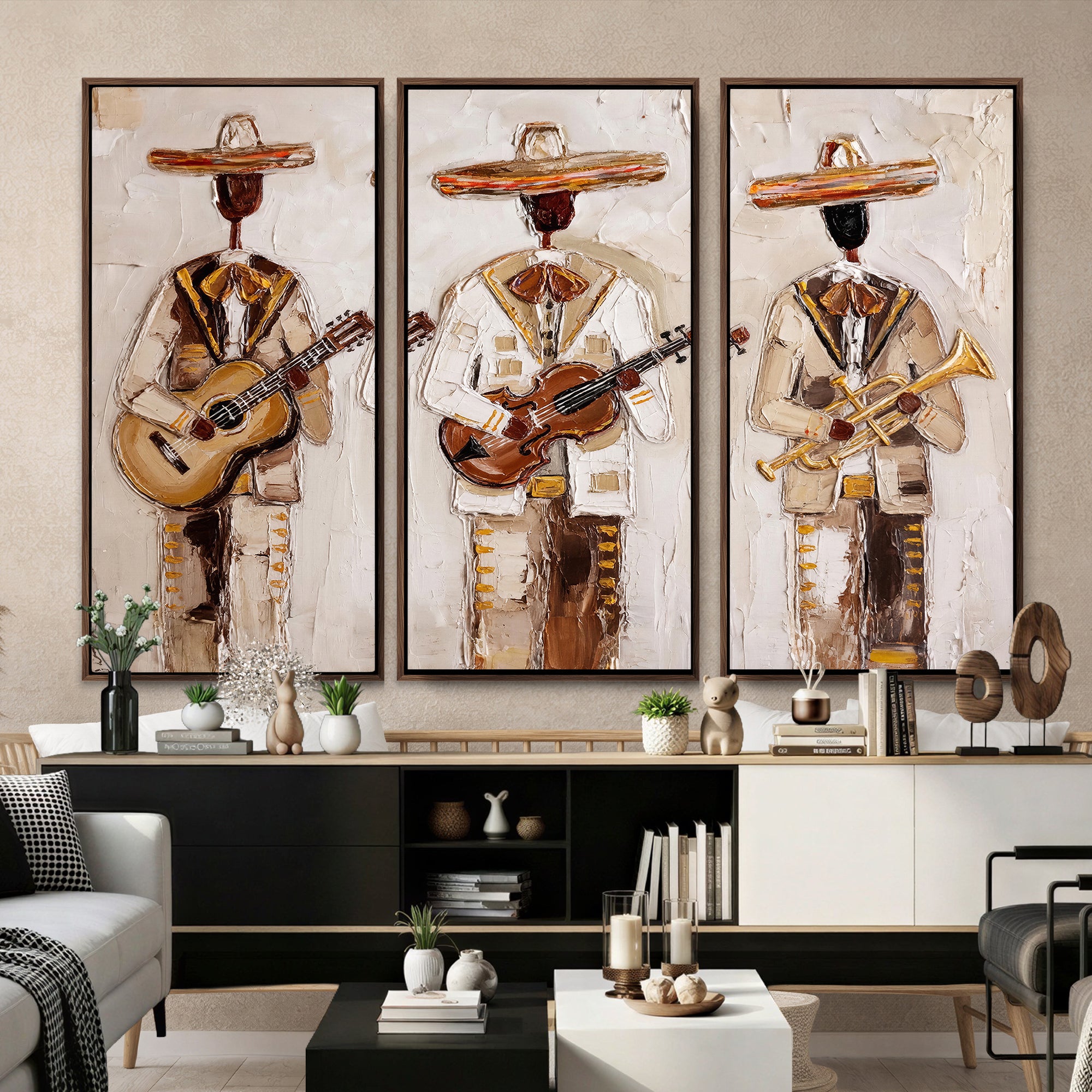 94602487-MGV-CV-36X24 - Mariachi Band Canvas Wall Art, Mexican Music Guitar Violin Trumpet Painting, Neutral Impasto Folk Art, Southwestern Boho Living Room Decor