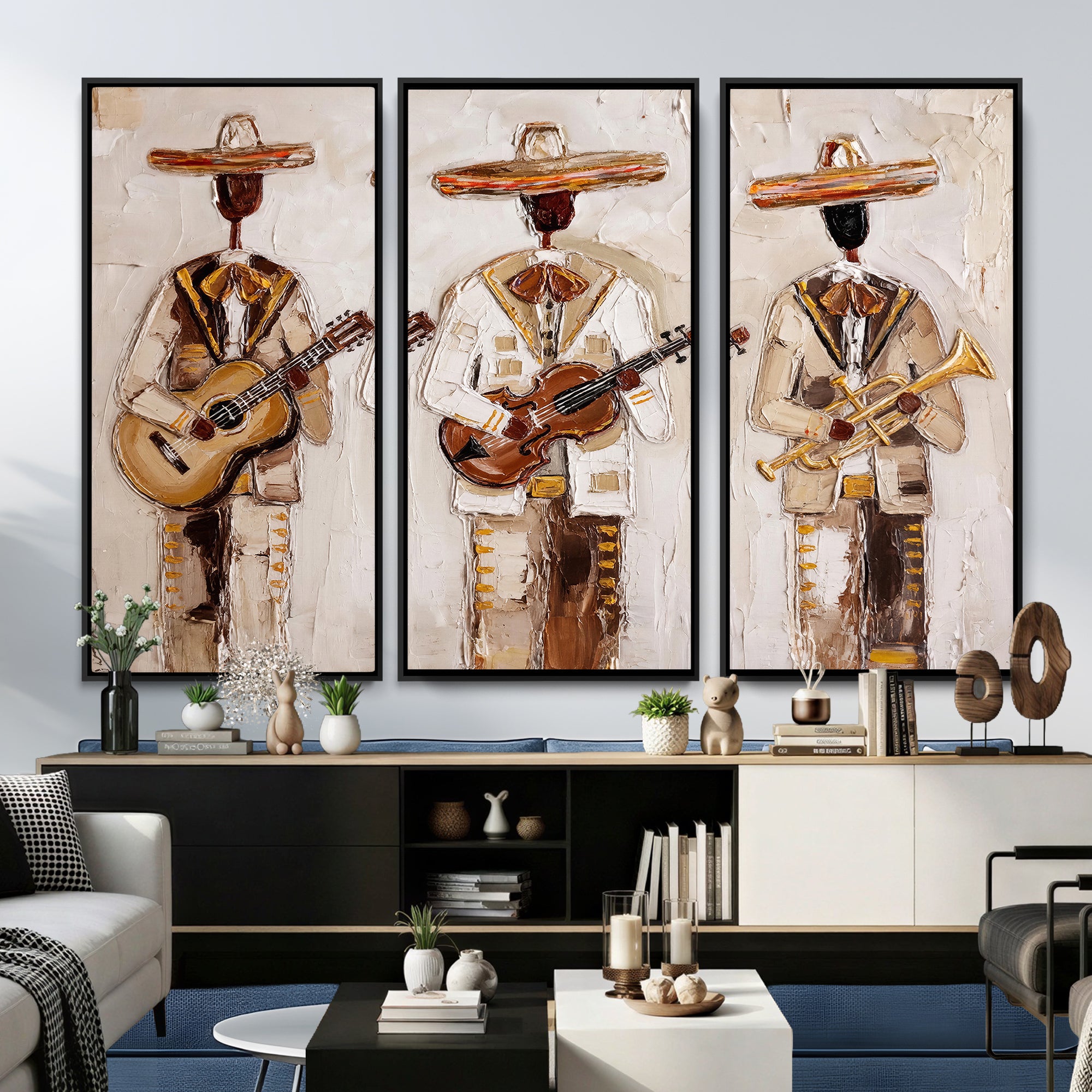 94602487-MGV-CV-36X24 - Mariachi Band Canvas Wall Art, Mexican Music Guitar Violin Trumpet Painting, Neutral Impasto Folk Art, Southwestern Boho Living Room Decor