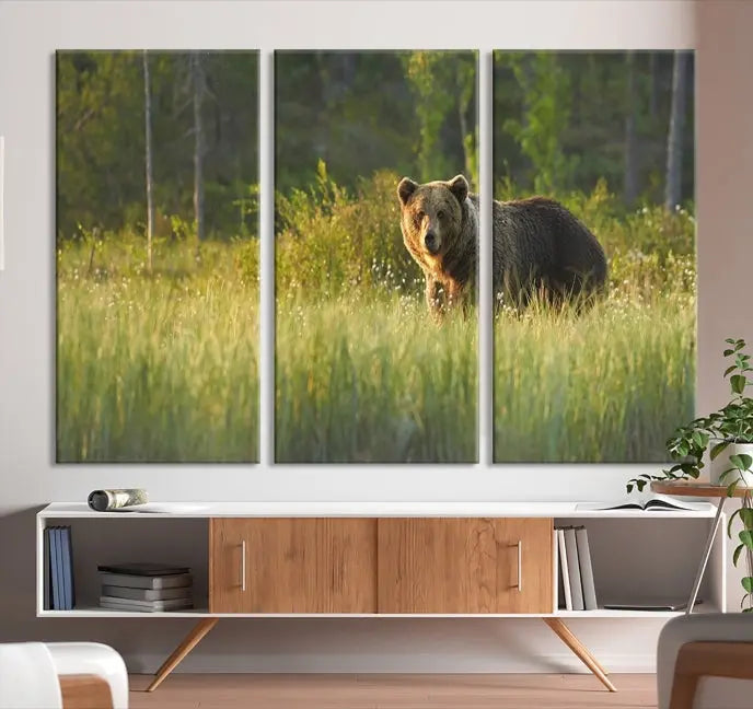 A museum-quality triptych wall art, titled "Wild Bears in Nature Canvas Print," elegantly decorates the living room.