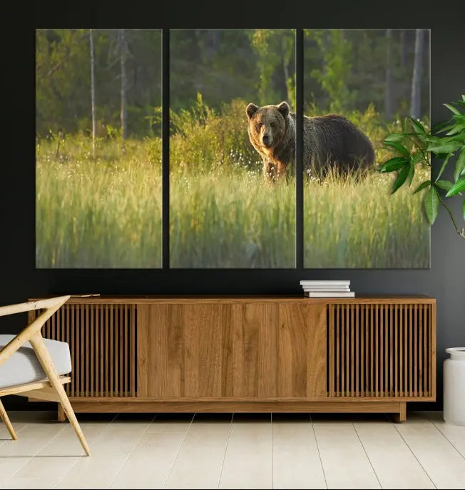 A museum-quality triptych wall art, titled "Wild Bears in Nature Canvas Print," elegantly decorates the living room.