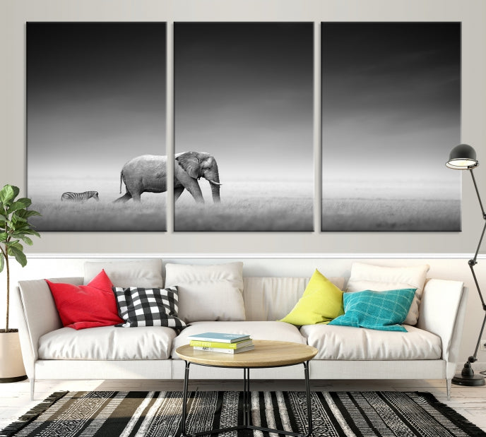 Lienzo decorativo para pared grande con diseño de elefante y cebra