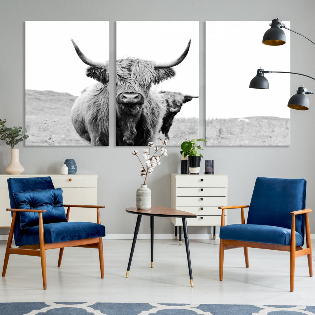 Art mural de bétail des Highlands noir et blanc Impression sur toile