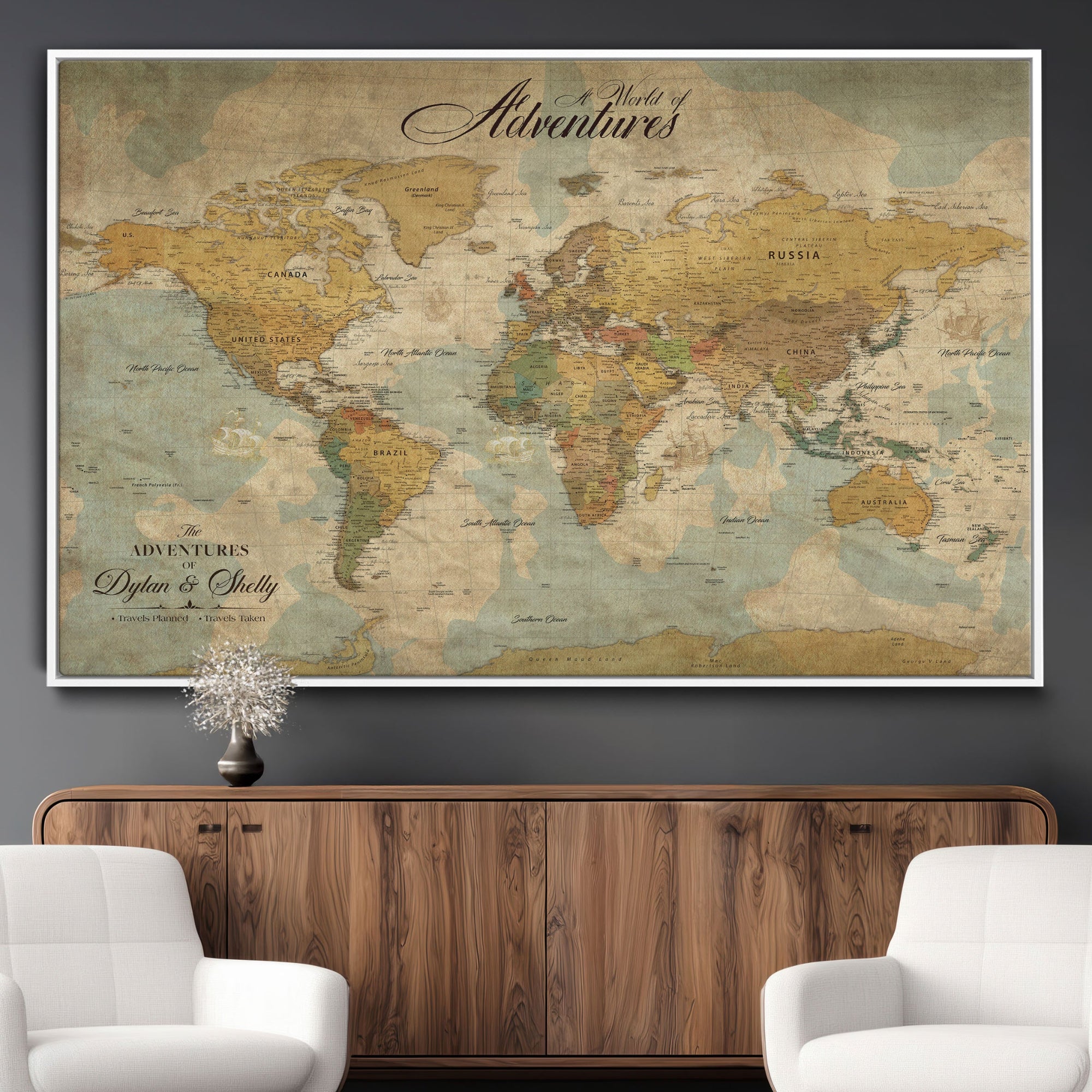 Rehber01-MGV-CV-36X24-Customizable Framed World Map Canvas Print – Personalized Push Pin Travel Map Gift for Couples Explorers for Home, Office