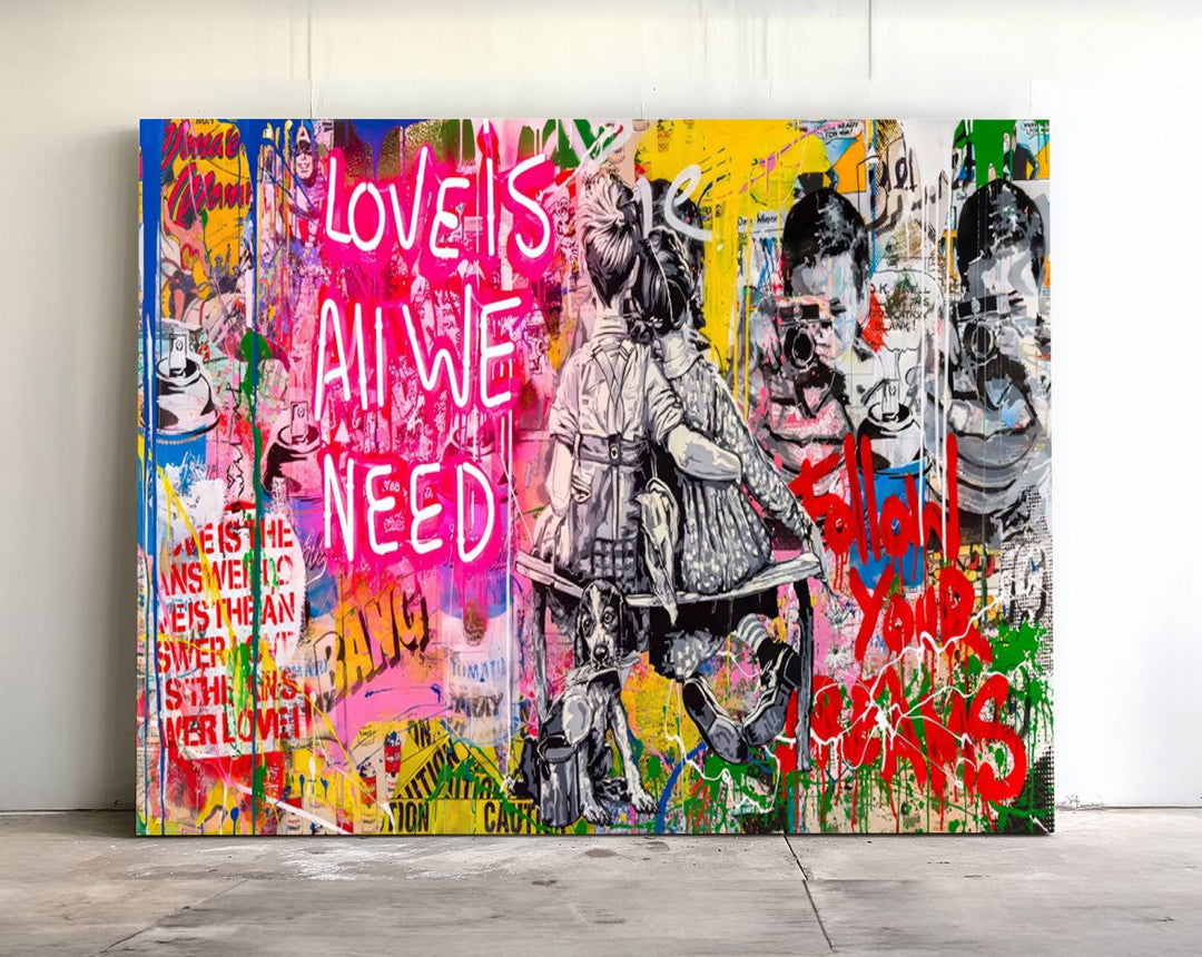 A vibrant and dynamic triptych features distorted horizontal lines, resembling graffiti street art. This artwork conveys the themes of "Follow Your Dreams" and "Love is All We Need" across three colorful panels.