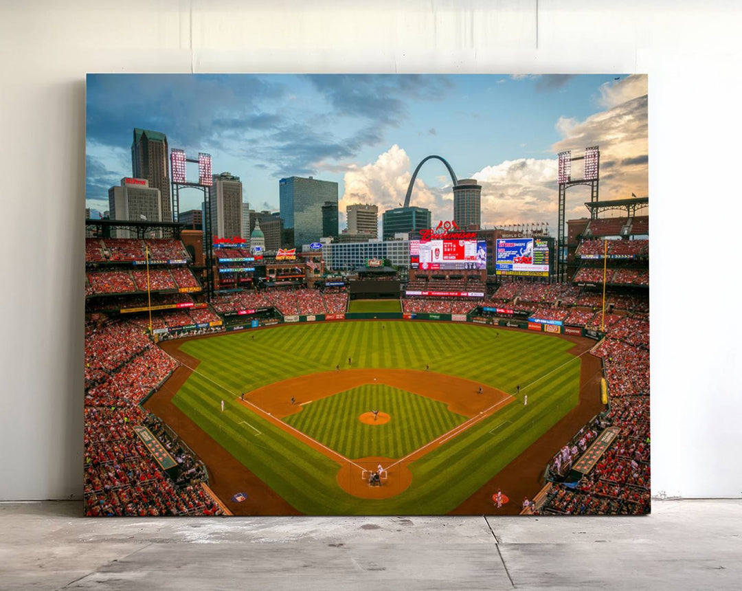 A Busch Stadium canvas print featuring a cityscape, ideal for enhancing living room or man cave sports decor.