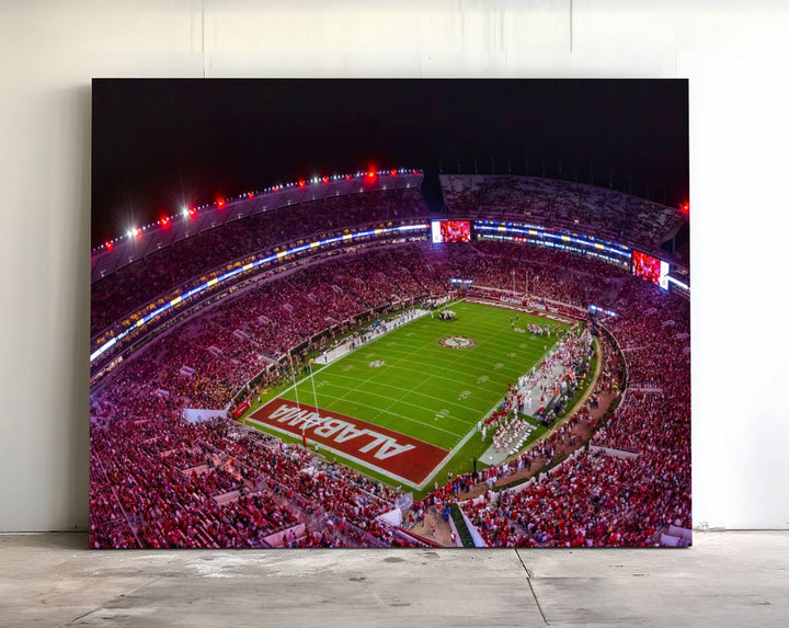 The living room features a Bryant-Denny Stadium Night Game Triple Canvas Wall Art.