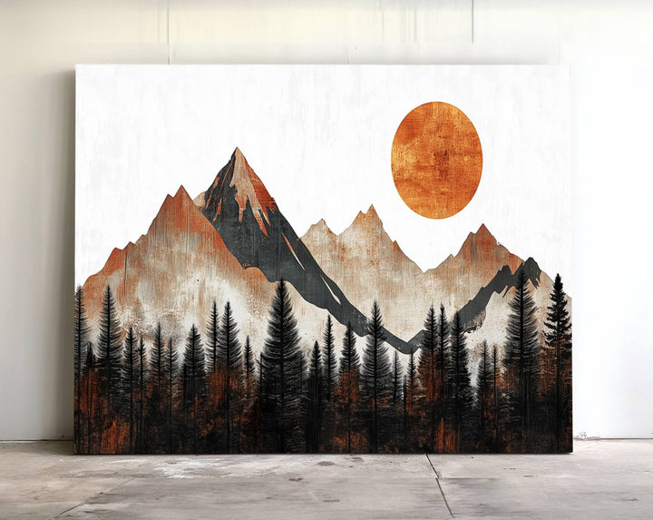 A Modern Abstract Mountain Canvas Wall Art Print features a rustic sun and mountains design.