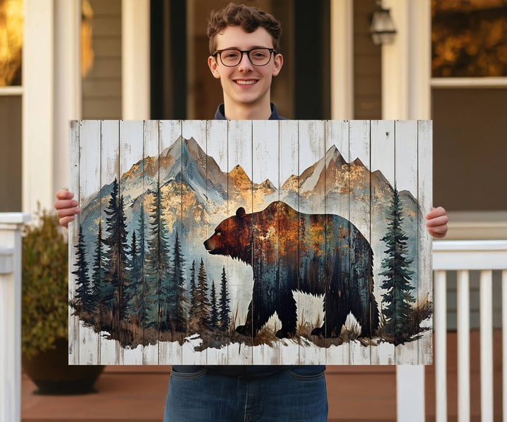 The living room features Rustic Grizzly 399 bear wall art, adding a cozy touch to the setup.