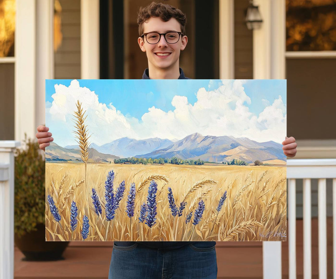 Abstract Wheat Field Wall Art, featuring a scenic landscape canvas print of golden wheat and lavender, adds charm to any farmhouse or rustic decor.