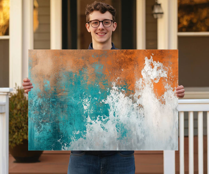Vintage Abstract Print - Bold Teal and Orange Canvas Wall Art - Retro-Vintage Abstract Orange Canvas for Modern Decor