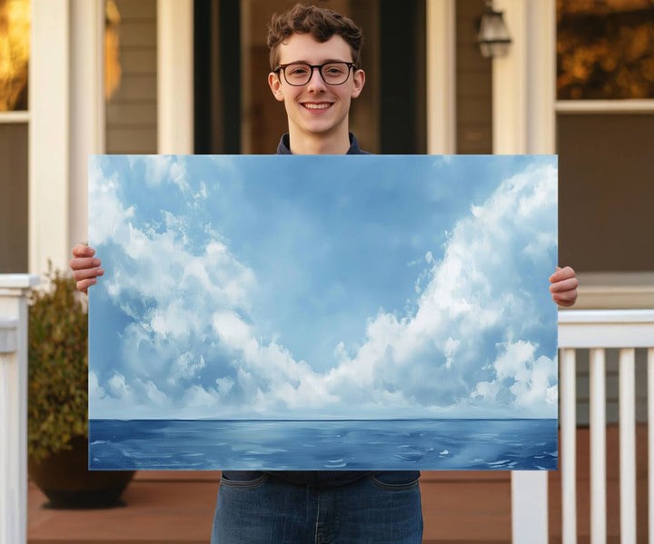 Abstract Ocean Print - Serene Blue Canvas displayed on a porch featuring minimalist decor.