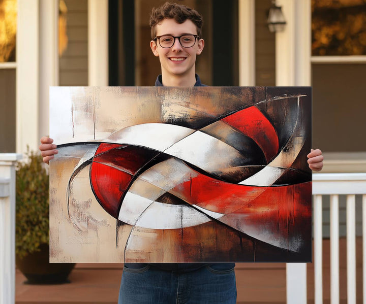 In a contemporary living room, the sunlight casts artistic shadows and highlights an abstract triptych wall art featuring bold red and white geometric shapes.