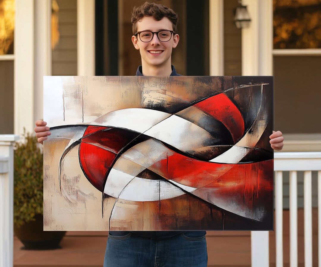 The Abstract Wall Art - Modern Red and White Canvas is displayed prominently in front of an entrance.