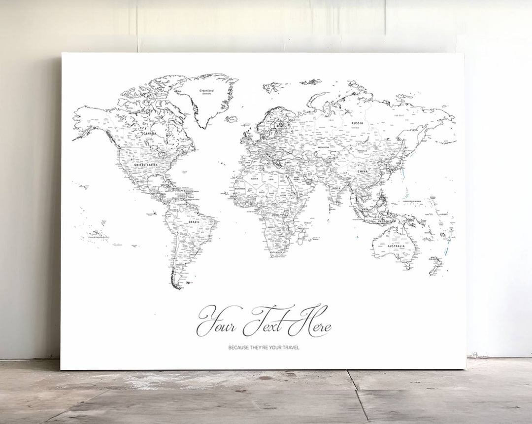 A large Framed Push Pin Mini World Travel Map Wall Art Print features customizable text and is designed as a premium cork pin board canvas with labeled countries for a gallery-quality finish.