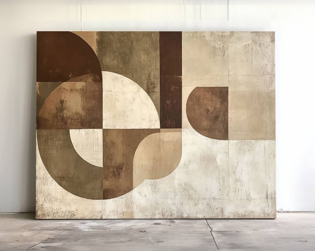 A Wabi Sabi Geometric Minimalist Wall Art Canvas Print—with a modern abstract geometric design in brown and beige tones—stands proudly in front of a house.