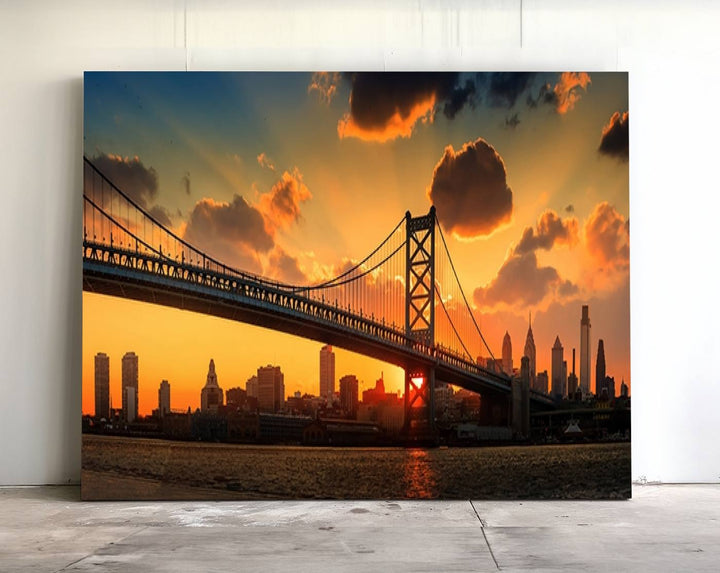 The Philadelphia Ben Franklin Bridge Wall Art Canvas Print radiates charm, embodying the beauty of premium canvas. This handmade-in-the-USA artwork captures attention with its distinct presence.