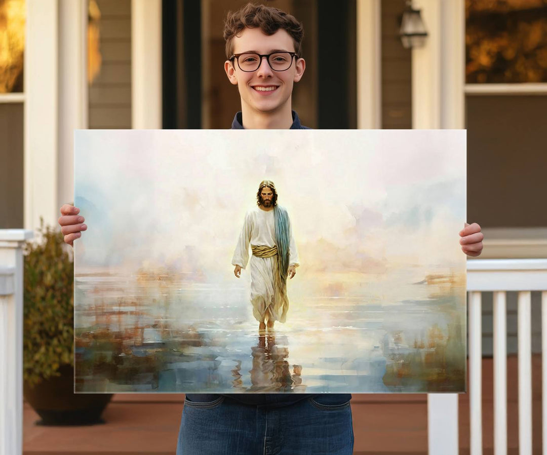 A 3-panel framed canvas depicting Jesus Walking on Water is part of a Christian collection that evokes spiritual serenity, making it perfect for home decor in the living room, office, or church.