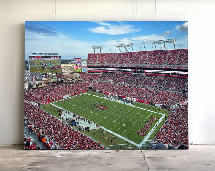 The Florida Tampa Raymond James Stadium Wall Art Canvas Print is featured above the cabinet.