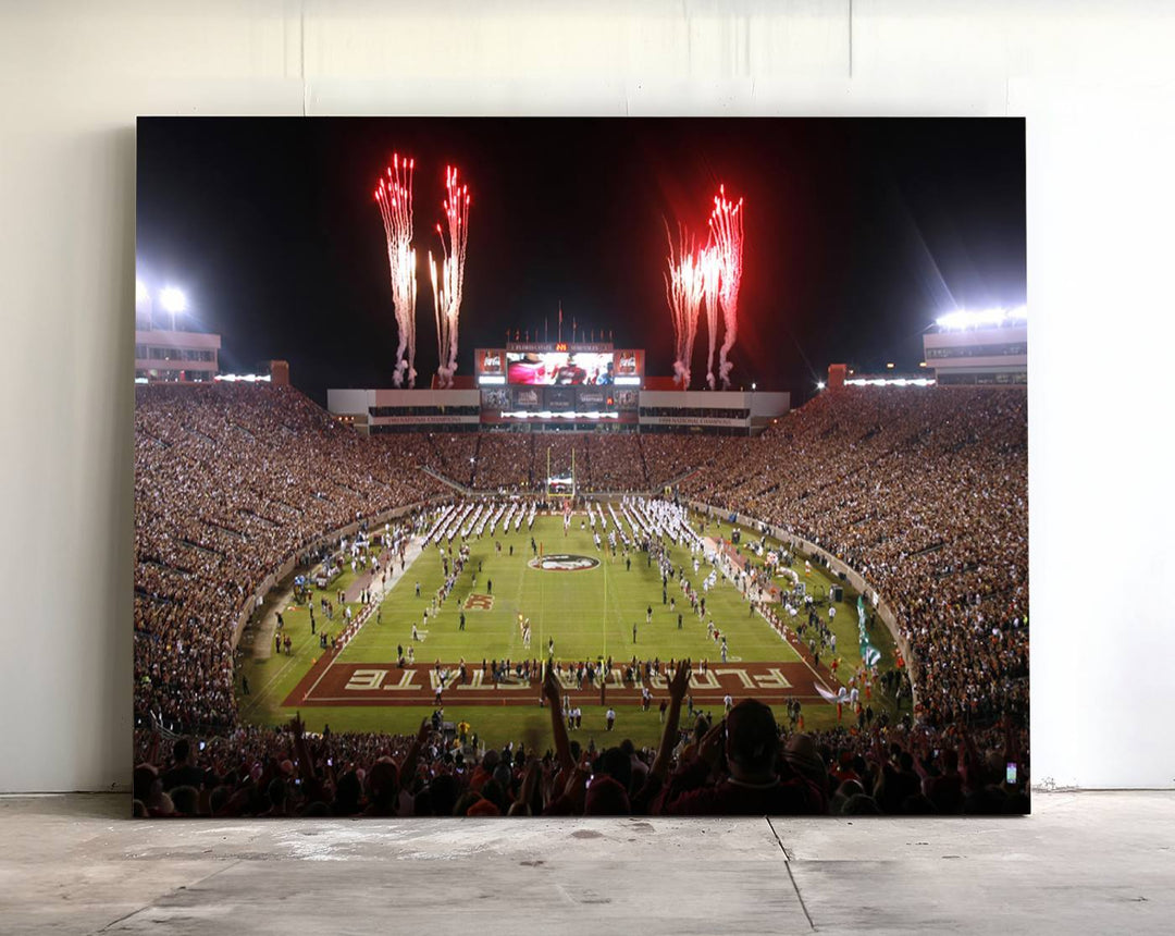 A vibrant wall art piece of the Florida State Seminoles sets a lively tone, depicting scenes filled with energy and celebration.