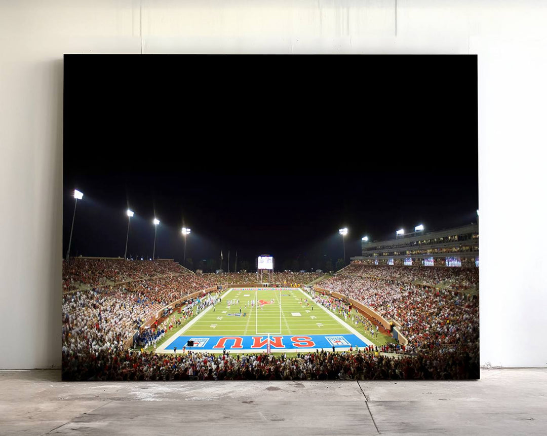 Wide-angle view of a vibrant painting depicting SMU Mustangs Football at Dallas Gerald J. Ford Stadium, capturing the energy and excitement of a filled stadium and brightly lit field.