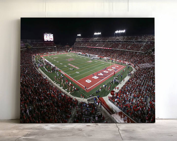 Aerial view of TDECU Stadium at night on the Houston Cougars Football Wall Art Canvas Print.